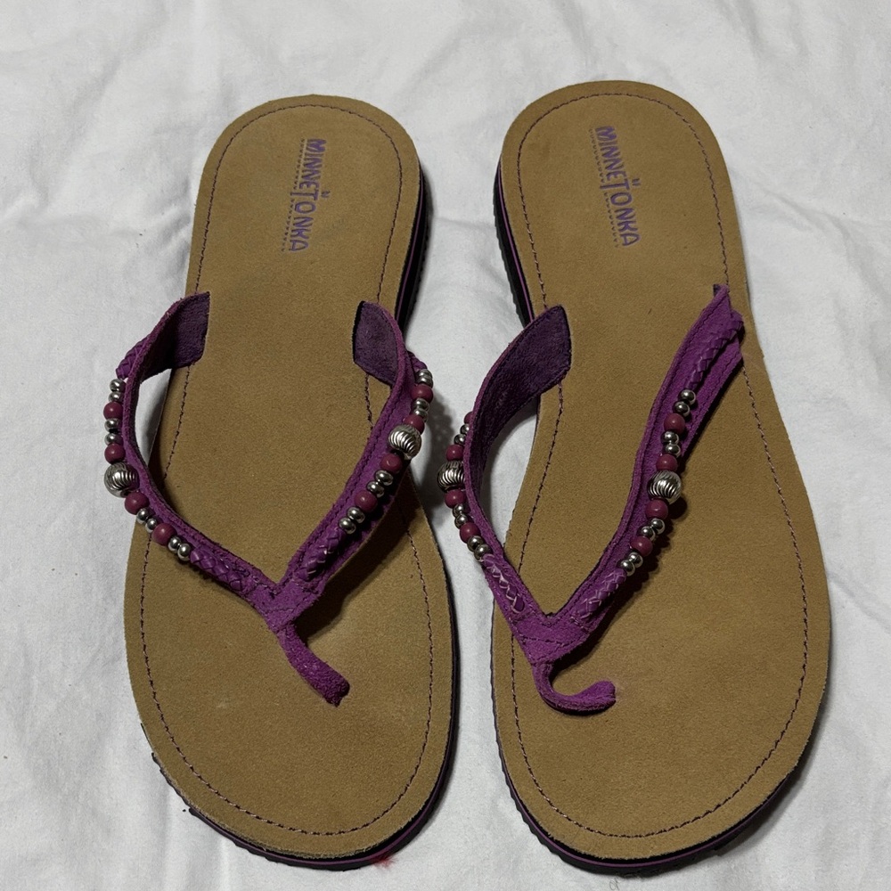 Minnetonka purple beaded suede flip- flops